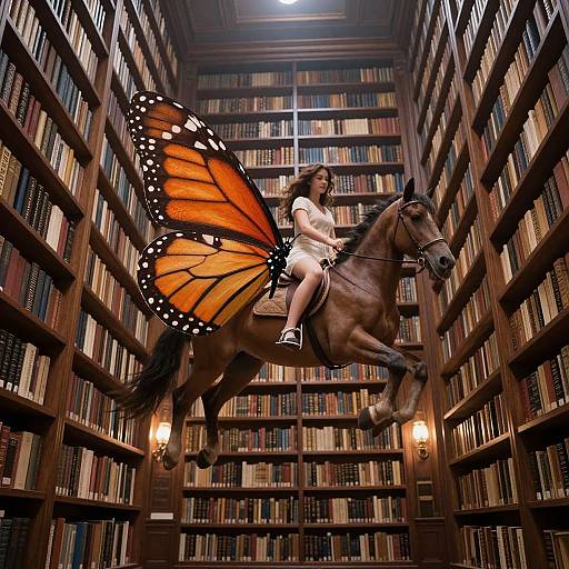 Photograph of a woman with orange butterfly wings riding a brown horse, flying through a towering, dimly lit library.