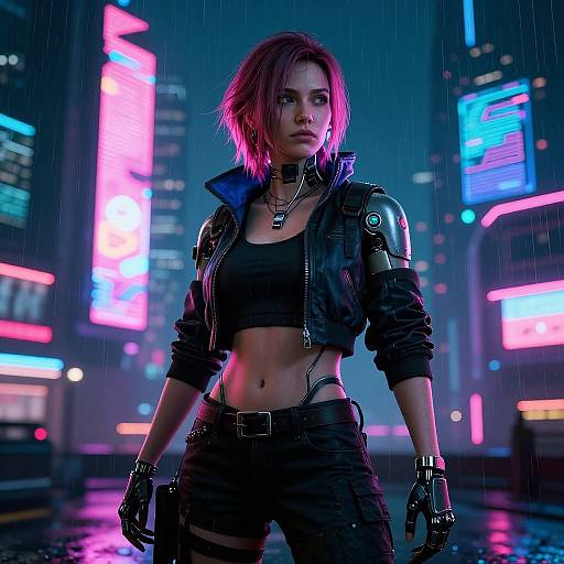 Cyberpunk cityscape at night, rain-soaked, neon-lit. Young woman with pink hair, black crop top, leather jacket, gloves