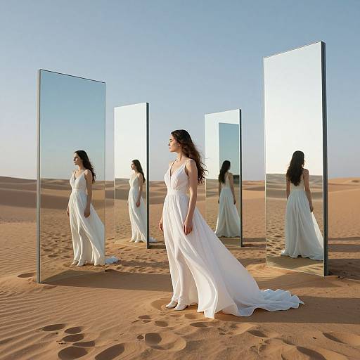 Photograph of a woman in a flowing white dress standing in a desert, surrounded by multiple tall, rectangular mirrors reflecting her image under a clear blue sky