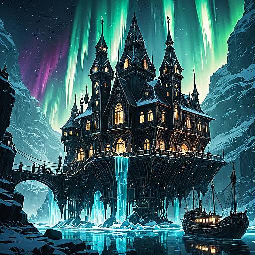 Ancient Floating Ice City with Aurora Borealis