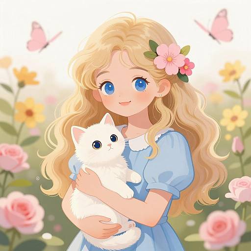 Whimsical Girl with Kitten in Garden