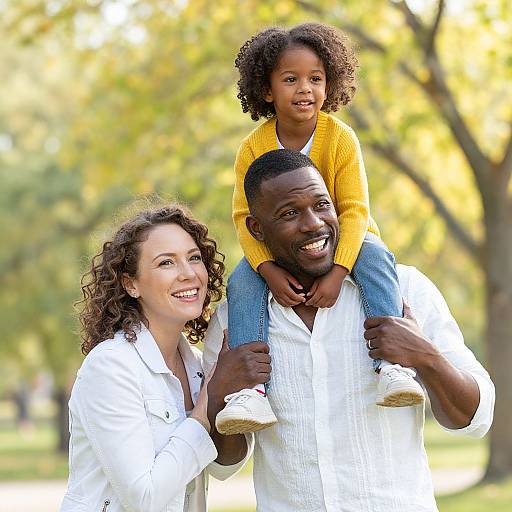 Photograph of a smiling African American father carrying his curly-haired daughter in yellow sweater on his shoulders, with a white-shirted, curly-haired mother beside