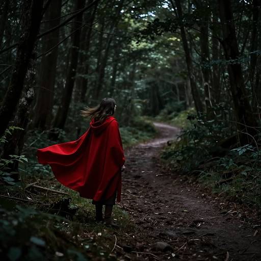 Photograph of a person with long brown hair, wearing a flowing red cape, walking down a dark, forested path.