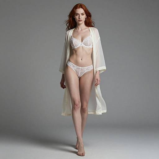 Red-haired Woman in White Lingerie and Sheer Robe