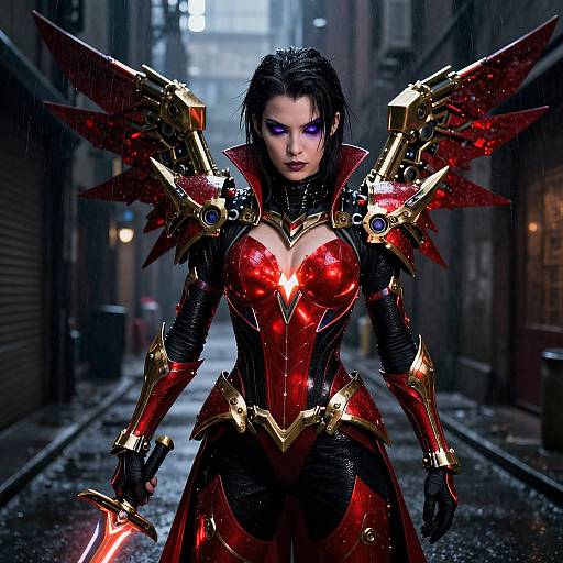 Digital artwork of a dark-haired woman in red and gold armored winged outfit, holding a glowing sword, standing in a rainy urban alley.