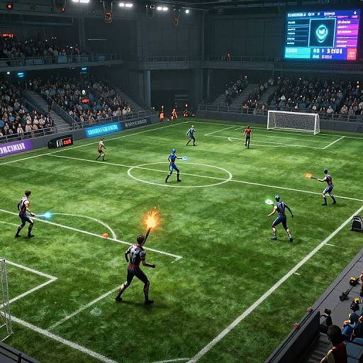 Photograph of a brightly-lit indoor soccer game with six players in black-and-white striped uniforms on a green field, surrounded by a filled stadium with