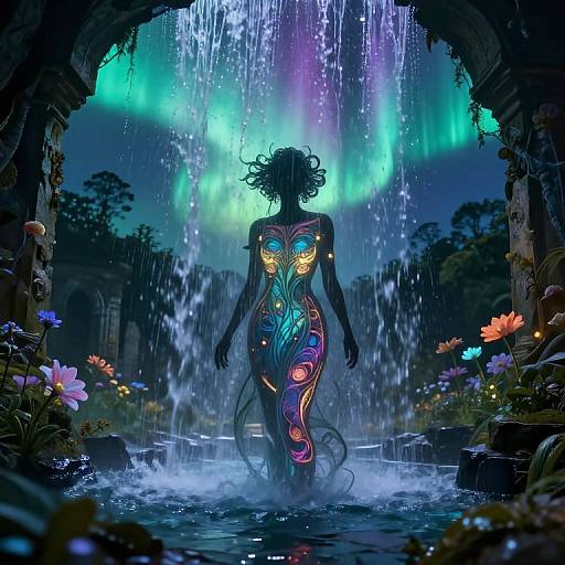 Digital fantasy artwork: Silhouetted, glowing, mermaid-like figure with vibrant, bioluminescent patterns stands in a rain-filled, arch