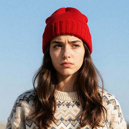 Young Woman in Beanie Against Blue Sky
