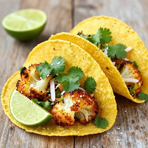 Photograph of three yellow corn tortillas topped with grilled fish, cilantro, and lime, on a rustic wooden table.