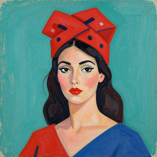 Digital painting of a woman with fair skin, red lips, and black hair, wearing a red bow with black dots and a red-blue top, against