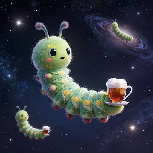 Whimsical digital illustration of a cute, fluffy green caterpillar with antennae, holding a steaming mug of tea in space, surrounded by stars