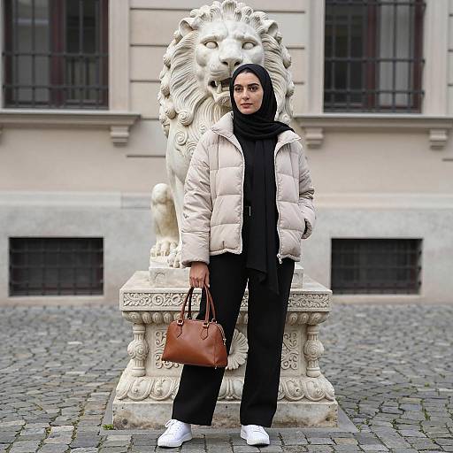 Woman in Black Hijab by Stone Lion Sculpture