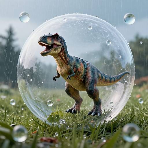 Photorealistic CGI of a small, detailed, green and brown dinosaur inside a transparent bubble, standing on grass with raindrops. Background shows blurred trees