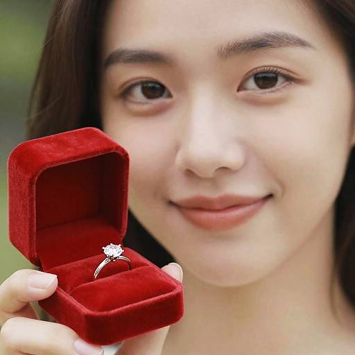 Woman Holding Red Velvet Ring Box with Diamond Ring