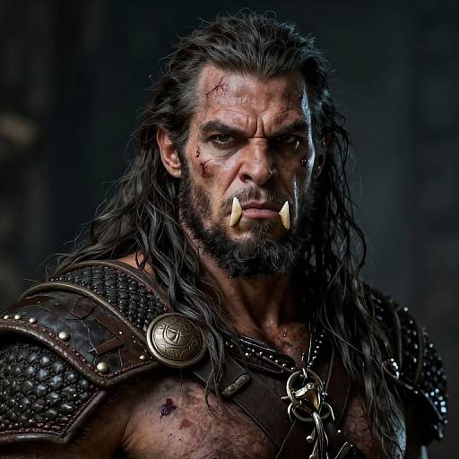Photograph of a fierce, bearded warrior with long black hair, fangs, blood on his face, and armored shoulder plates, in dramatic low