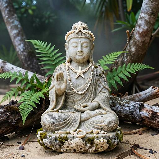 Photograph of a serene, stone Buddha statue with a star-adorned headpiece, beaded necklace, and lotus position, surrounded by fern