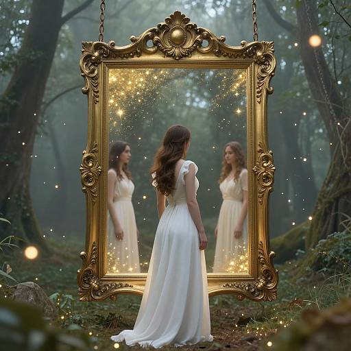 Enchanted forest scene: Woman in white dress stands before an ornate gold mirror, reflecting her image, surrounded by twinkling fairy lights.