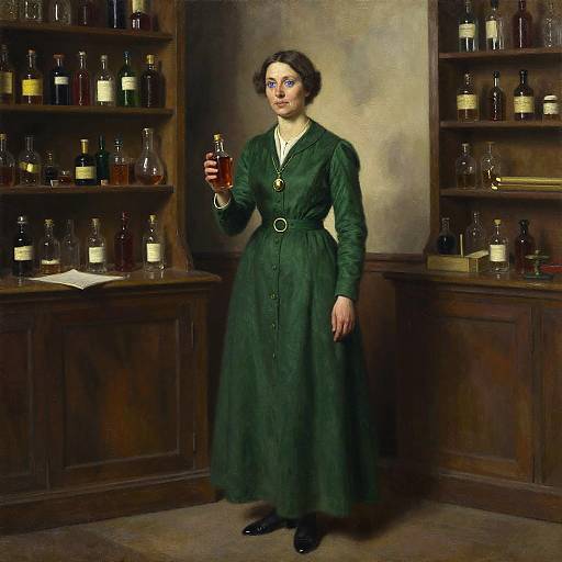 Photograph of a Victorian-era woman with short brown hair, wearing a dark green long dress, holding a glass of brown liquid, standing in a dim