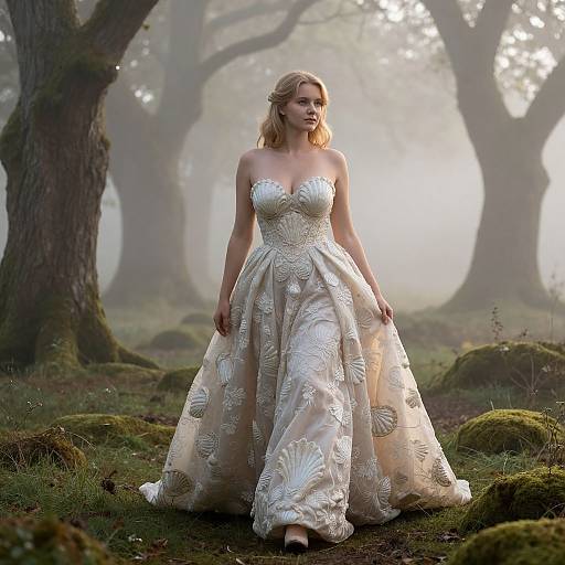 Photograph of a blonde woman in an elaborate, strapless, white floral-embroidered ball gown, standing in a misty forest with moss