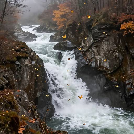 Photograph of a cascading waterfall surrounded by rocky cliffs, autumn trees, and numerous orange butterflies fluttering around the white, turbulent water.