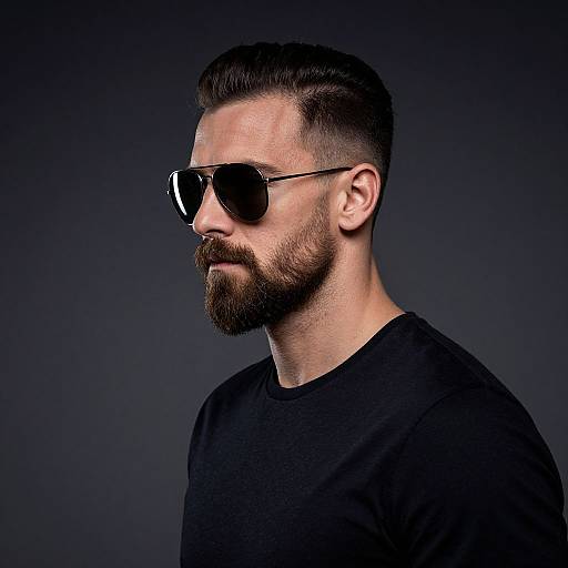 Photograph of a bearded man with dark hair in a slicked-back style, wearing black aviator sunglasses and a black shirt, against a dark