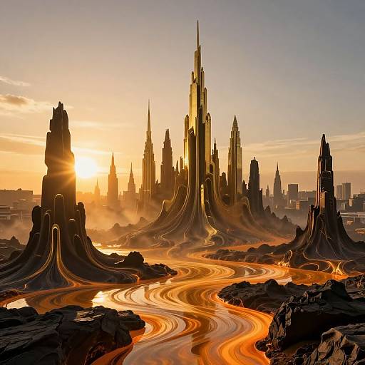 Digital artwork of a futuristic, sunset-lit cityscape with towering, alien-like structures, glowing orange rivers, and a misty horizon.