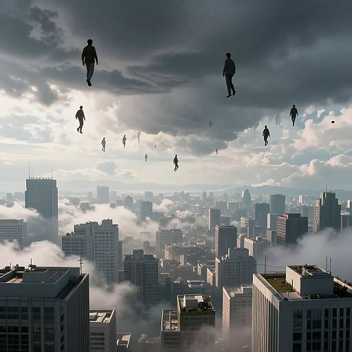 Digital art: Silhouetted figures jump from skyscrapers into a cloudy cityscape below, sunlit clouds creating dramatic contrasts. Urban buildings densely