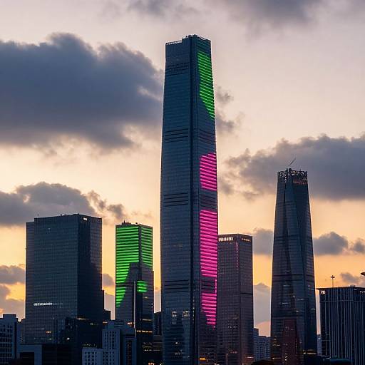 Photograph of a cityscape at dusk with tall skyscrapers illuminated in green and pink lights against a cloudy, orange-tinged sky.