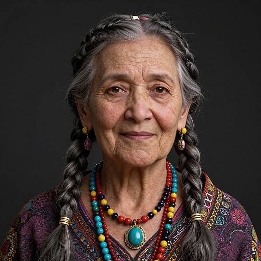 Photograph of an elderly Native American woman with gray braided hair, wearing colorful beaded necklaces, earrings, and patterned blouse, against a