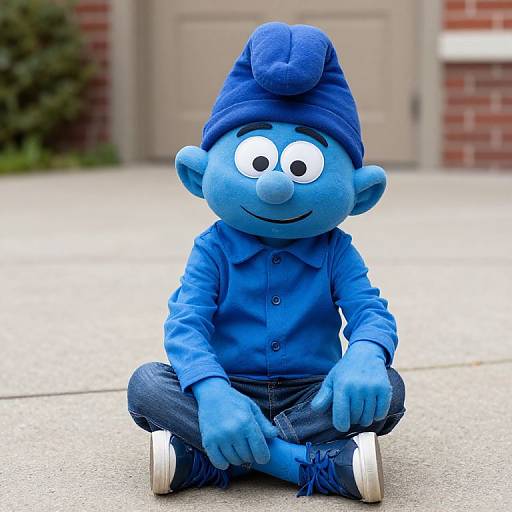 Photograph of a blue, cartoonish, elf-like mascot with large eyes, wearing a blue shirt, jeans, beanie, and sneakers, sitting