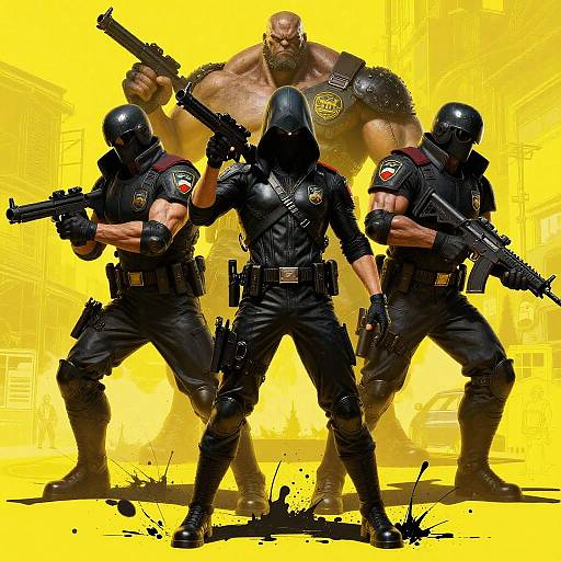 Digital artwork of three masked, armored police officers with guns, standing in front of a muscular, bald, shirtless, angry man with a necklace,