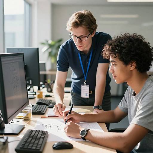 Photograph of a young, curly-haired man in a gray t-shirt, seated at a desk, being instructed by a bespectacled man in