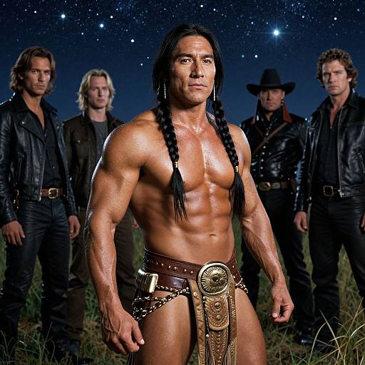 Photograph of a muscular, shirtless man with long black hair in braided pigtails, wearing a leather belt with a large buckle, standing