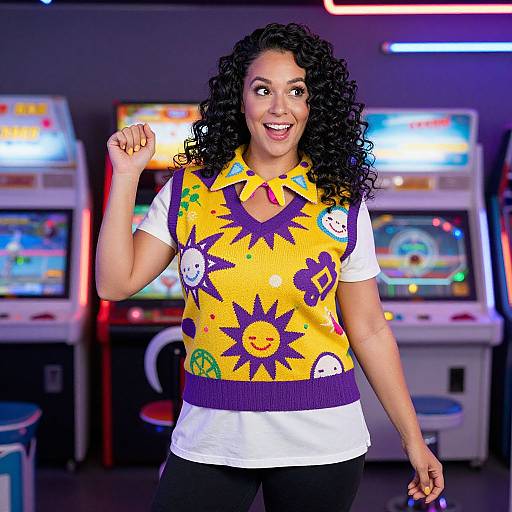 Vibrant Woman in Retro Arcade Costume