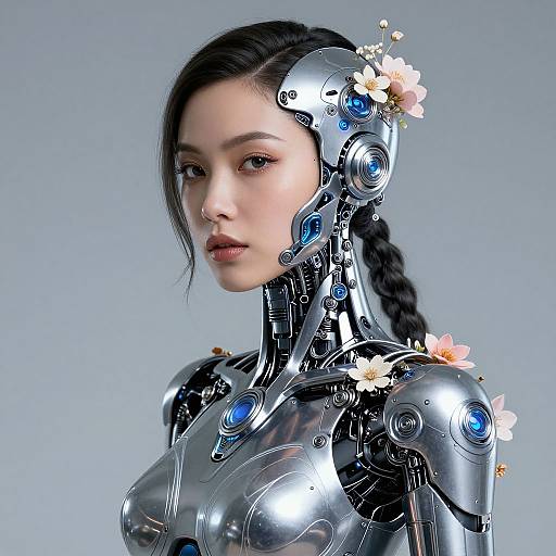 Photorealistic CGI of an Asian woman with black braided hair, metallic robotic body, blue glowing joints, adorned with pink flowers.