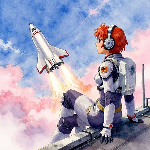 Anime-style digital artwork of a red-haired woman in a white and gray spacesuit, wearing headphones, sitting on a rooftop, gazing at a rocket