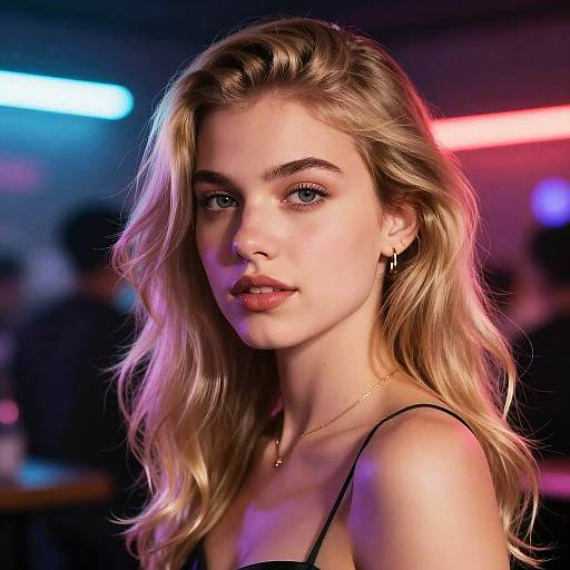 Photograph of a young, attractive blonde woman with wavy hair, blue eyes, and light makeup, wearing a black spaghetti strap top, against a