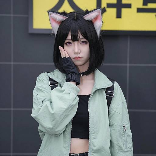 Asian Woman with Cat Ears and Jacket