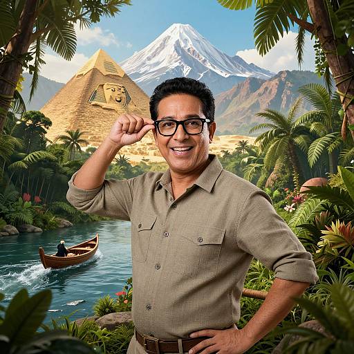 Photograph-style digital image of a smiling South Asian man with black hair, glasses, and beige shirt, standing in a lush, tropical jungle with a