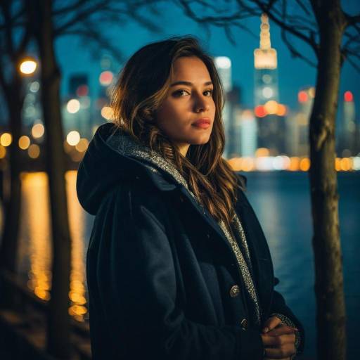 Young Woman at Night with City Skyline