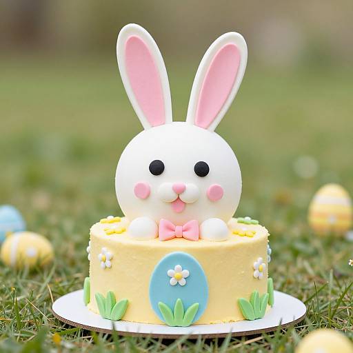 Photograph of a cute, white bunny cake topper with pink ears and pink bow, on a yellow Easter cake with blue egg, flowers, and