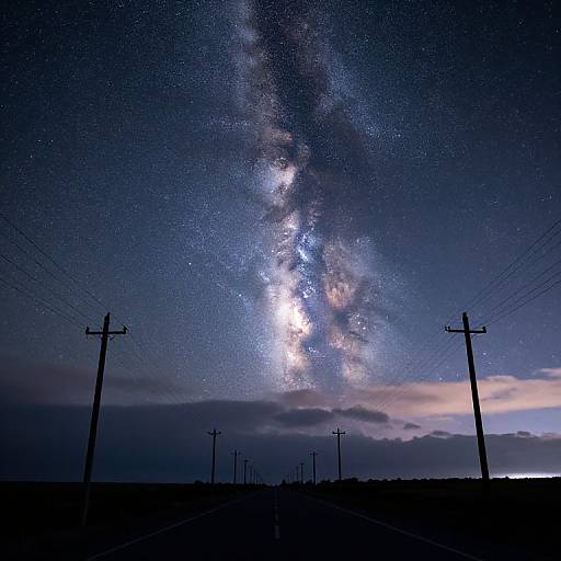Photograph of the Milky Way galaxy over a dark, rural landscape with silhouetted power lines and poles extending into the horizon.