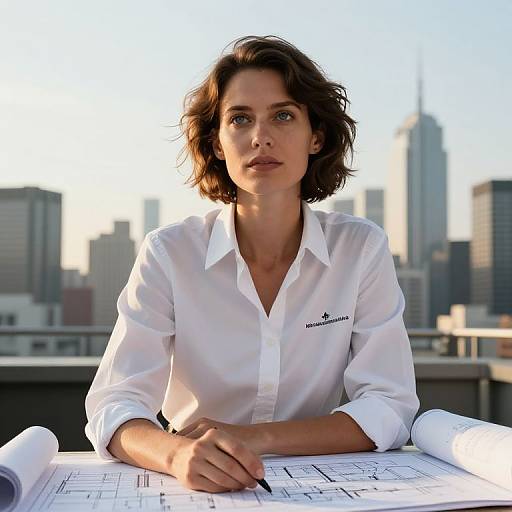 Photograph of a focused brunette woman with short hair, wearing a white button-up shirt, sitting at a rooftop desk with blueprints, city skyline in