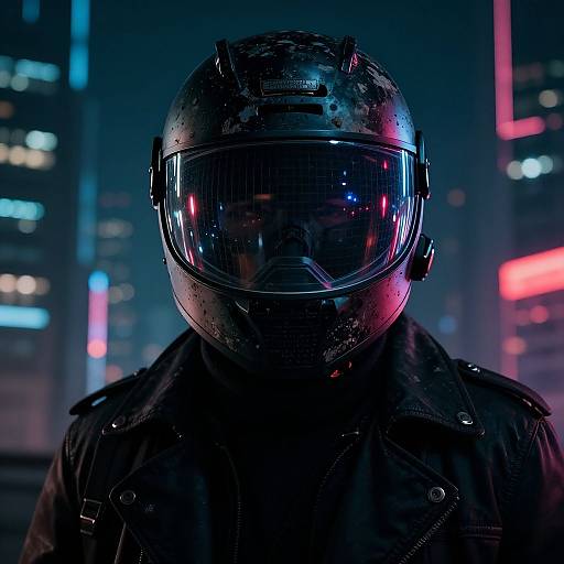 Photograph of a mysterious figure in a glossy black helmet with reflective visor, wearing a dark leather jacket, against a neon-lit cityscape background