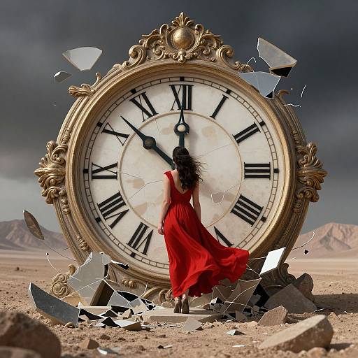 Photograph of a woman in a flowing red dress, standing before a shattered, ornate gold clock, in a desert landscape.