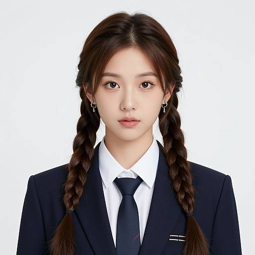 Photograph of an Asian woman with fair skin, dark brown braided hair, wearing a black blazer, white shirt, and black tie, against