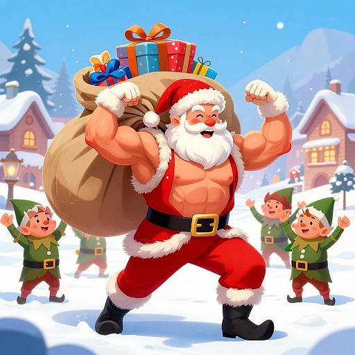 Cartoon Santa with muscular build, flexing arms, carrying large sack of gifts, flanked by two joyful elves, snowy village background.