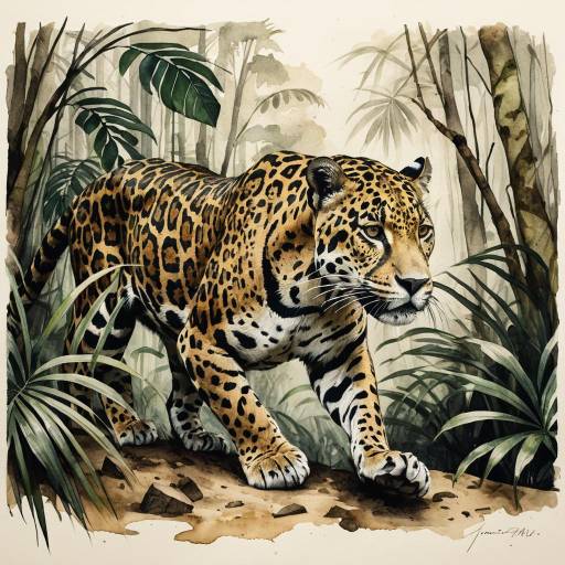 Watercolor Jaguar in Rainforest Watercolor Jaguar in Rainforest