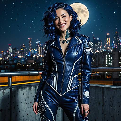 Cyberpunk Woman with Navy Blue Hair at Night
