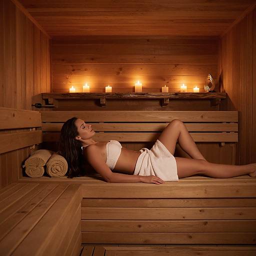 Serene Woman Relaxing in Wooden Sauna